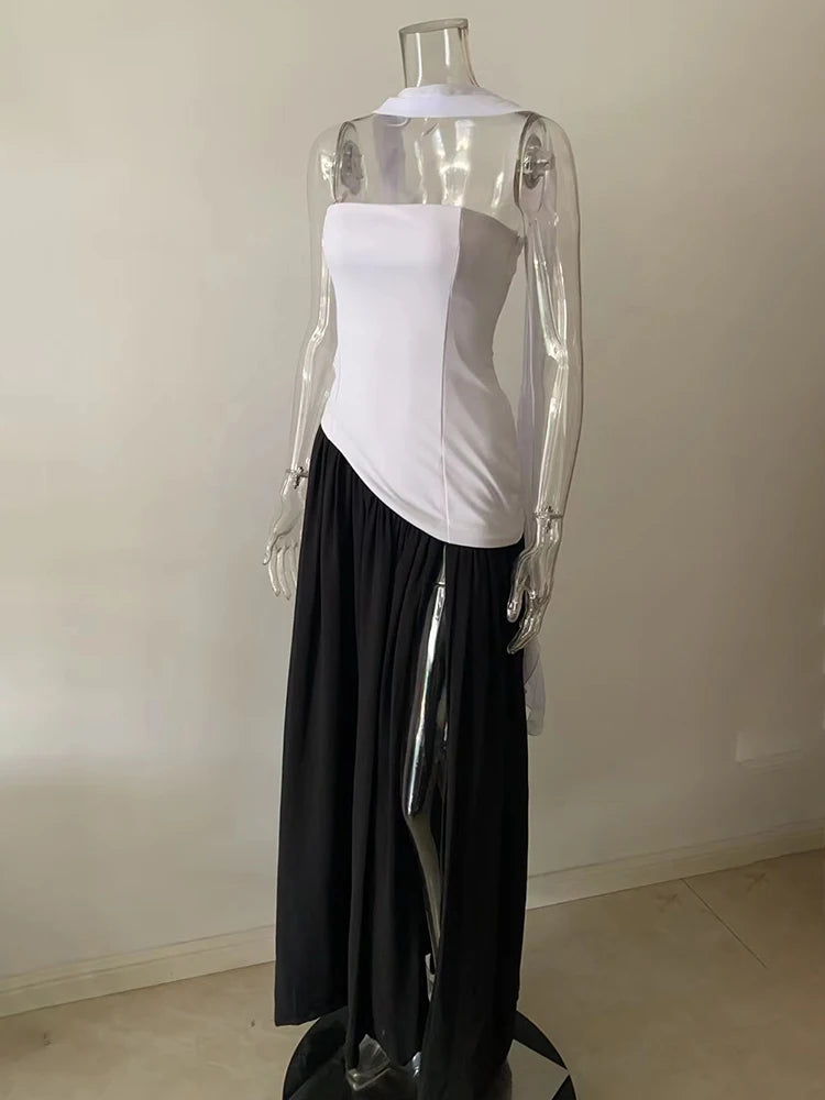 Robe Blanc & Noir Longue Chic Classe découpe jambe