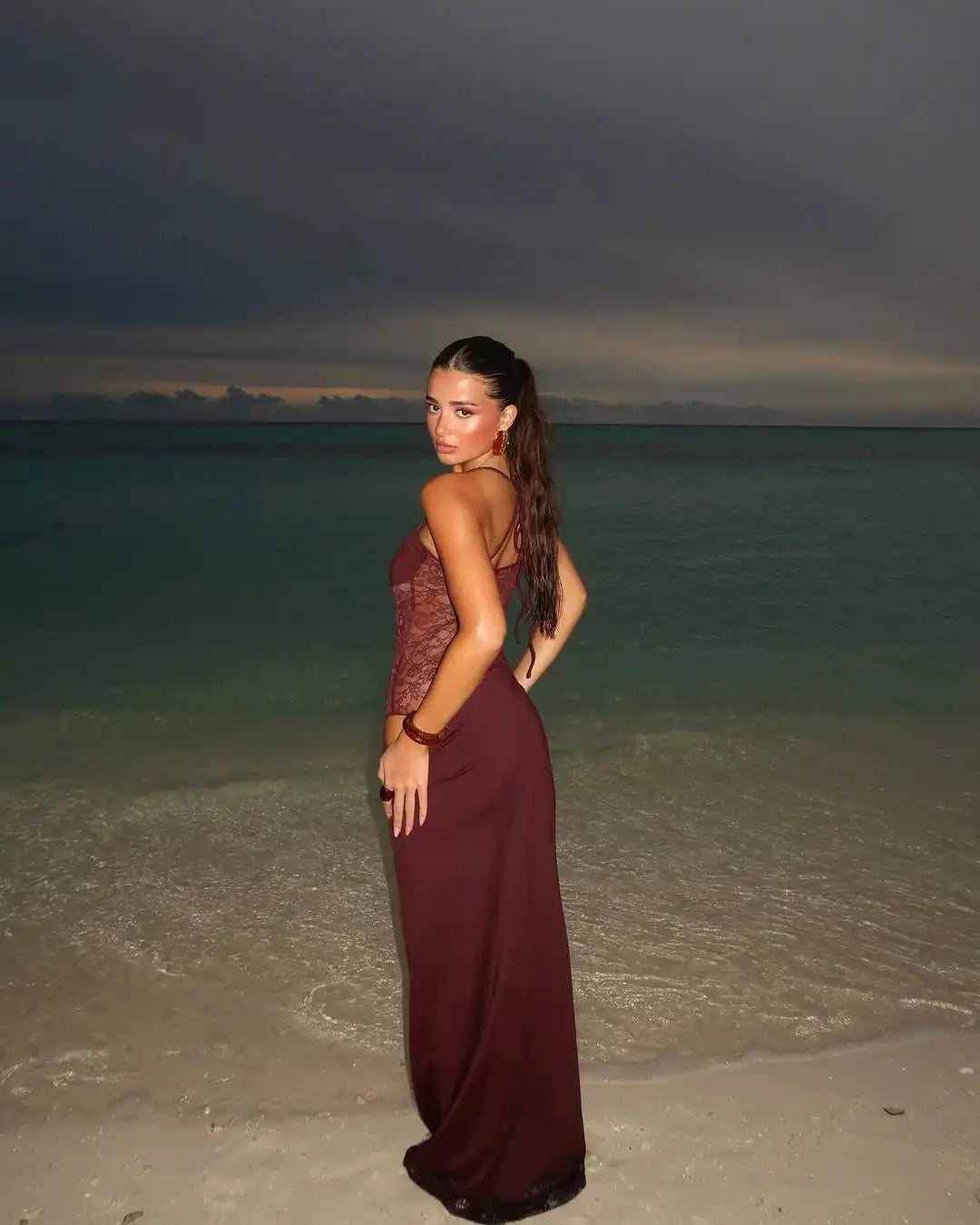 CARLEA Robe Longue en Dentelle Unie
