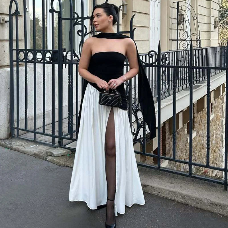 Robe Blanc & Noir Longue Chic Classe découpe jambe