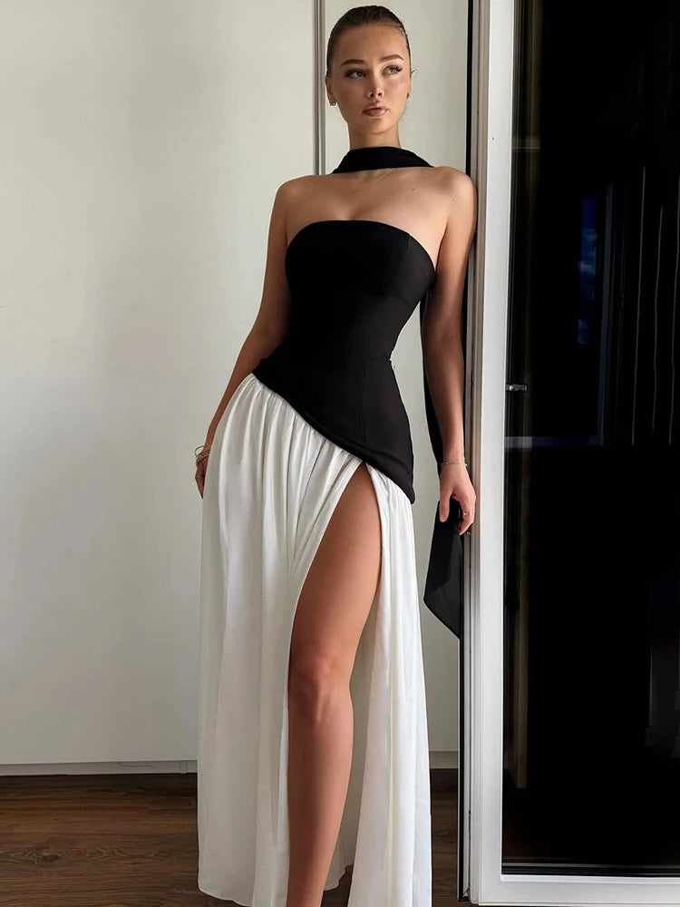 Robe Blanc & Noir Longue Chic Classe découpe jambe