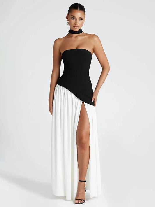 Robe Blanc & Noir Longue Chic Classe découpe jambe