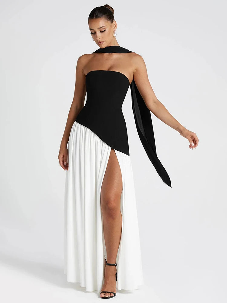 Robe Blanc & Noir Longue Chic Classe découpe jambe